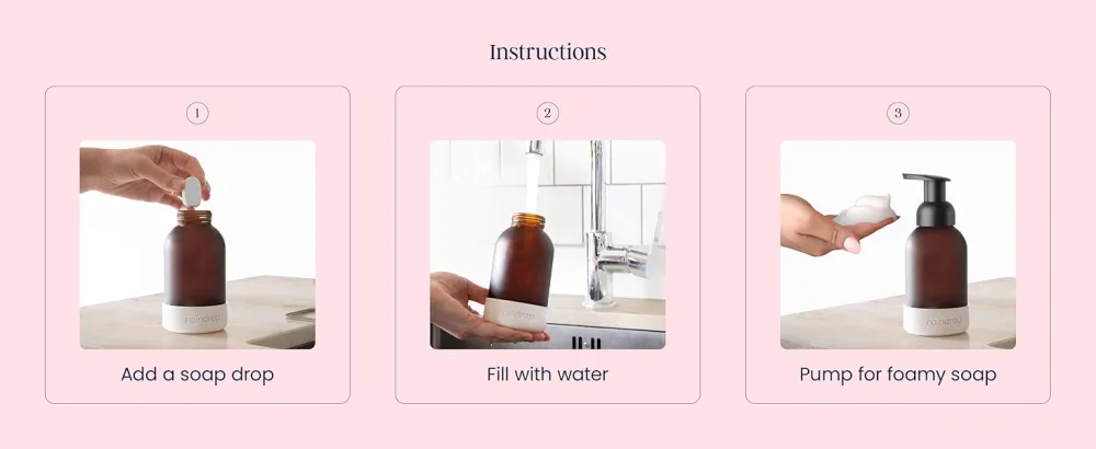 Raindrop Sustainable Hand Soap Refills 4x Plastic-Free Foaming Hand Soap Refills Lychee and Rose - how to Raindrop