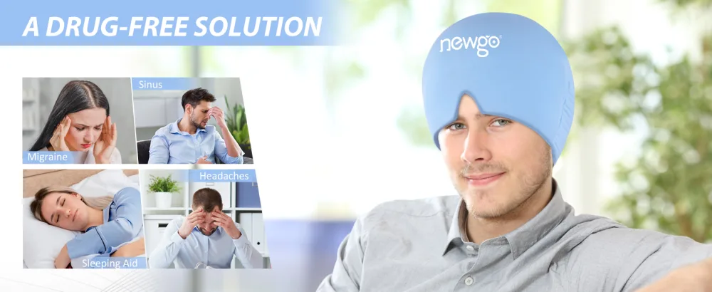 NEWGO Migraine Relief Cap Full Coverage Headache Hat for Migraine Cold Therapy Ice Head Wrap for Puffy Eyes Tension Sinus and Stress Relief Form Fitting & Stretchable (Light Blue) - migraine relief cap