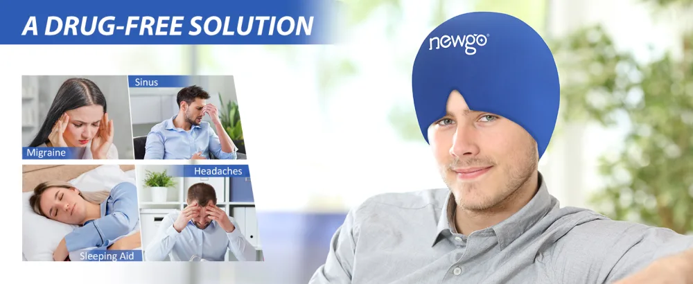 NEWGO Migraine Relief Cap Full Coverage Headache Hat for Migraine Cold Therapy Ice Head Wrap for Puffy Eyes Tension Sinus and Stress Relief Form Fitting & Stretchable (Dark Blue) - migraine relief cap