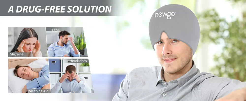 NEWGO Migraine Relief Cap Full Coverage Headache Hat for Migraine Cold Therapy Ice Head Wrap for Puffy Eyes Tension Sinus and Stress Relief Form Fitting & Stretchable-Light Grey - migraine relief cap