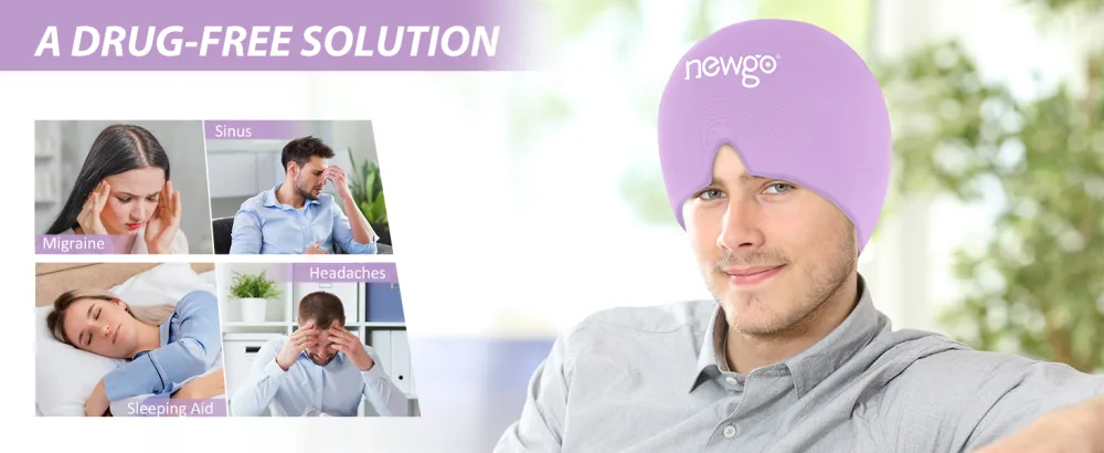 NEWGO Migraine Relief Cap Full Coverage Headache Hat for Migraine Cold Therapy Ice Head Wrap for Puffy Eyes Tension Sinus and Stress Relief Form Fitting & Stretchable (Purple) - migraine relief cap