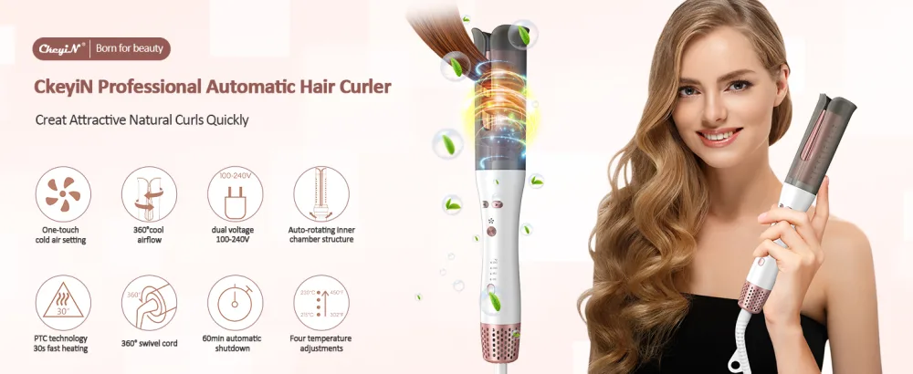 CkeyiN Automatic Hair Curler Innovative Rotating Curling Wand Iron Fast-Heating and Versatile Automatic Rotating Hair Curler with Cold Air Styling Function White - Automatic Hair Curler