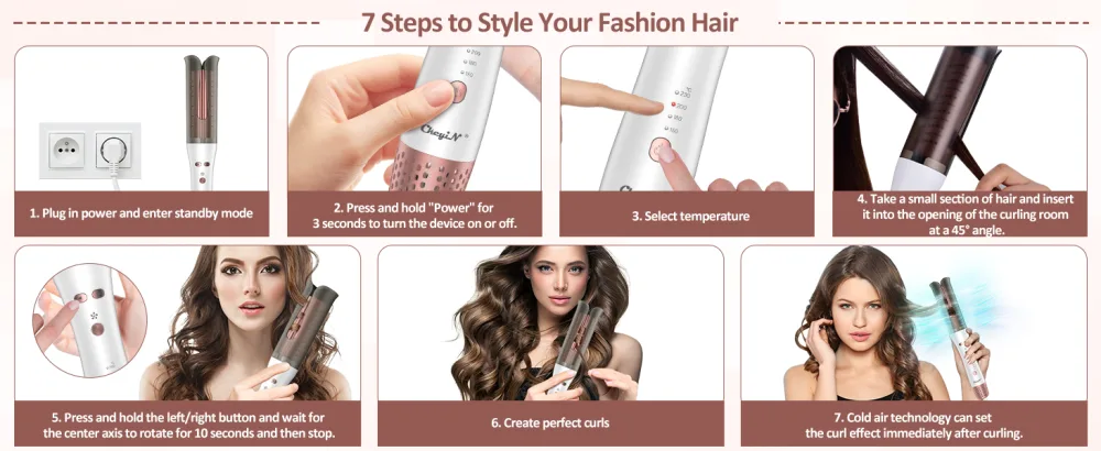 CkeyiN Automatic Hair Curler Innovative Rotating Curling Wand Iron Fast-Heating and Versatile Automatic Rotating Hair Curler with Cold Air Styling Function White - Automatic Hair Curler