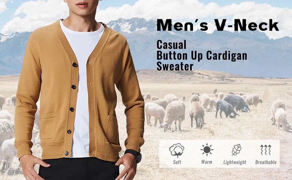 Yeokou Mens Casual V-Neck Button Up Solid Knitted Cardigan Sweaters with Pocket - 970 x 600