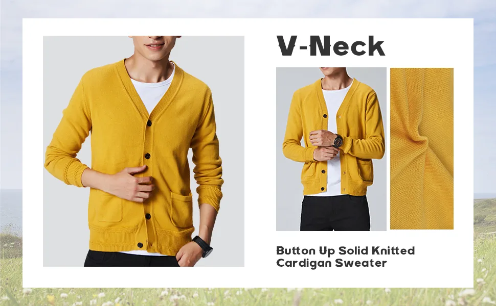 Yeokou Mens Casual V-Neck Button Up Solid Knitted Cardigan Sweaters with Pocket - 970 x 600