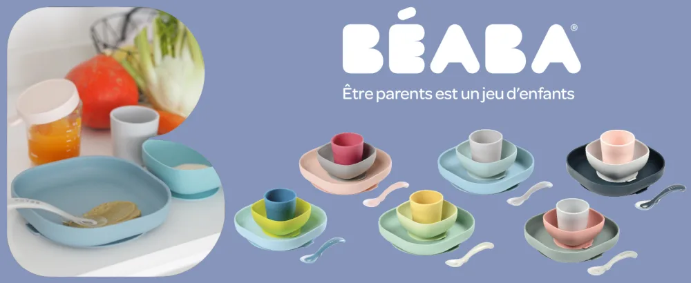 B aba - Silicone Feeding Meal Set - Set of 4 Pieces : Plate + Bowl + Cup + Spoon - Silicone with Strong Suction pad - Baby and Children - Jungle - beaba