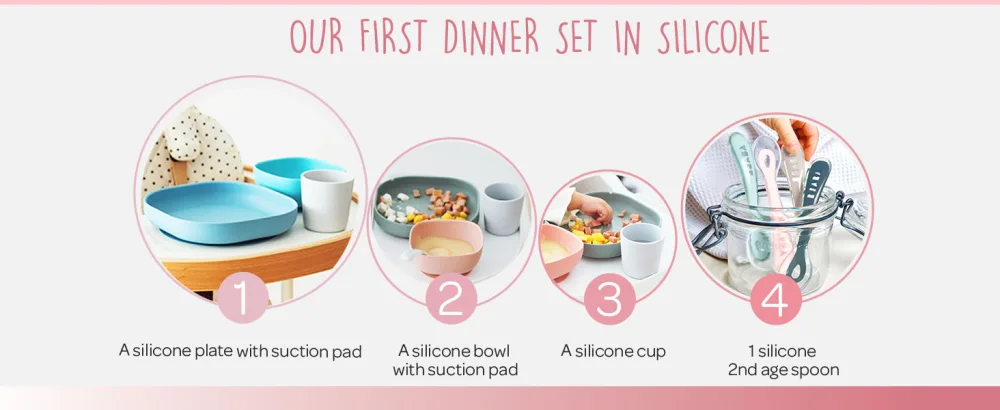 B aba - Silicone Feeding Meal Set - Set of 4 Pieces : Plate + Bowl + Cup + Spoon - Silicone with Strong Suction pad - Baby and Children - Pink - beaba