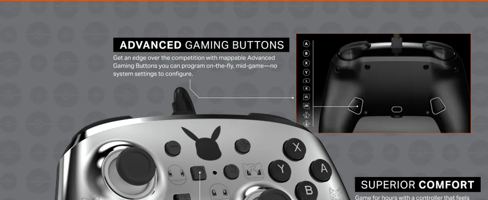 PowerA Enhanced Wired Controller for Nintendo Switch - Pikachu Black & Silver - Adv Gaming Buttons
