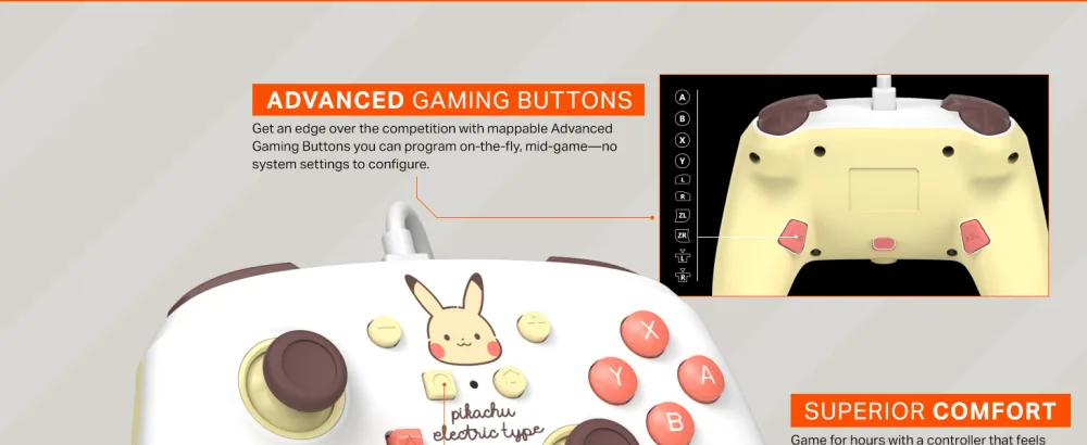 PowerA Enhanced Wired Controller for Nintendo Switch - Pikachu Electric Type - Adv Gaming Buttons