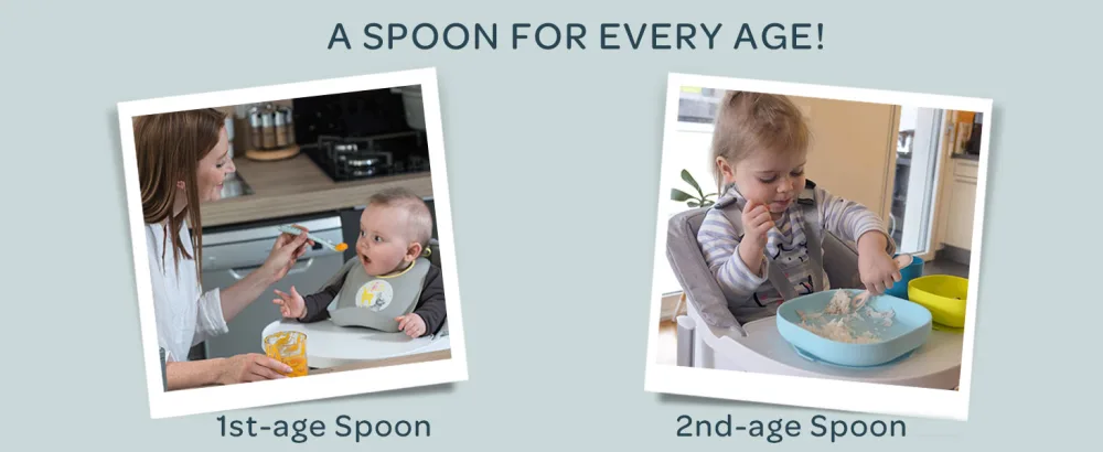 B ABA - Baby Spoons - Silicone weaning spoon - Set of 4 - 1st stage - Multicolor Pink Blue Gray Eucalyptus - Beaba