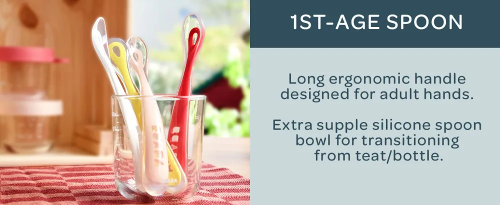 B ABA - Baby Spoons - Silicone weaning spoon - Set of 4 - 1st stage - Multicolor Pink Blue Gray Eucalyptus - Beaba