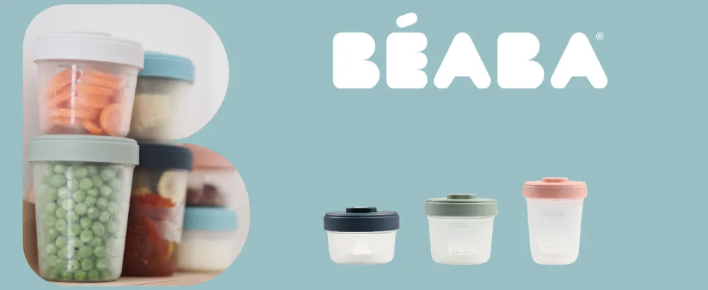 Beaba Set of 4 Storage Pots Interlocking Stackable and Linkable pots 100% Airtight Measuring Gauge Freezable Breastmilk Storage 4x150ml Grey/Blue Grey/Blue 4 x 150 ml - Beaba