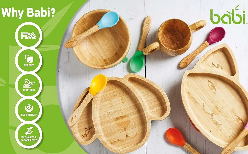 Babi Baby Toddler Large Bowl & Matching Spoon Set Natural Bamboo with Stay Put Silicone Suction Ring (Blue) - WHY BABI GRAPHIC