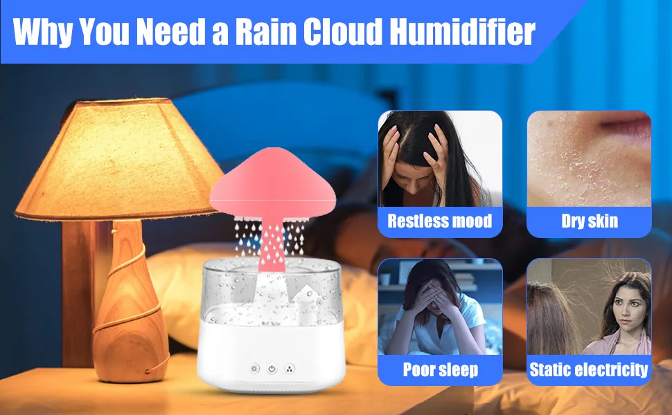 Cloud Rain Humidifier Colorful Light Raindrop Aroma Diffuser Humidifiers with 7 Color Changing Lights Multifunctional Aroma Diffuser Humidifier for Home Desk Bedside(grain) - Cloud Rain Humidifier