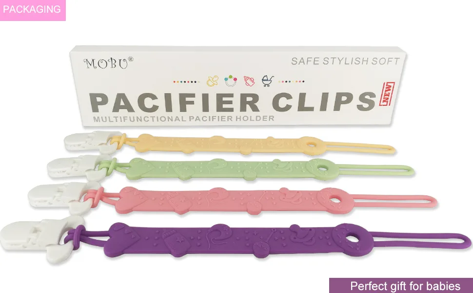 Dummy Clip MOBU 4pcs Soft Silicone Dummy Clips Boys Girls Cute & Stylish Colours Pacifier Clips Holders Soother Clips Chains (4 Colors_ ) - dummy clip