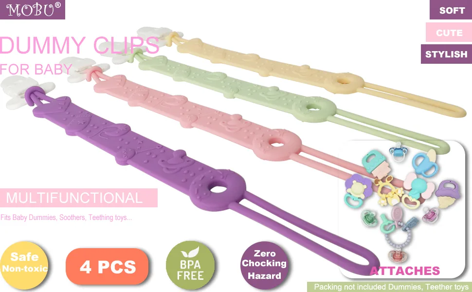 Dummy Clip MOBU 4pcs Soft Silicone Dummy Clips Boys Girls Cute & Stylish Colours Pacifier Clips Holders Soother Clips Chains (4 Colors_ ) - dummy Clips