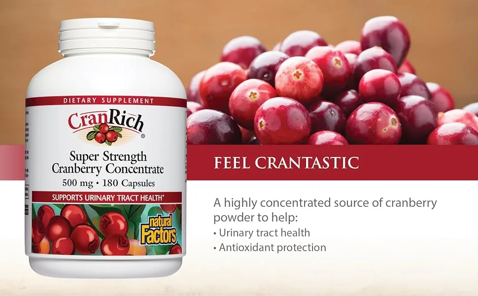 Natural Factors CranRich Super Strength Cranberry Concentrate 500 mg 180 Capsules - A highly concentrated source of cranberry powder to help Urinary tract health Antioxidant protection