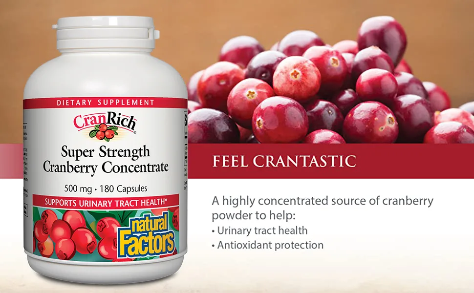 Natural Factors CranRich Super Strength Cranberry Concentrate 500 mg 180 Capsules - A highly concentrated source of cranberry powder to help Urinary tract health Antioxidant protection