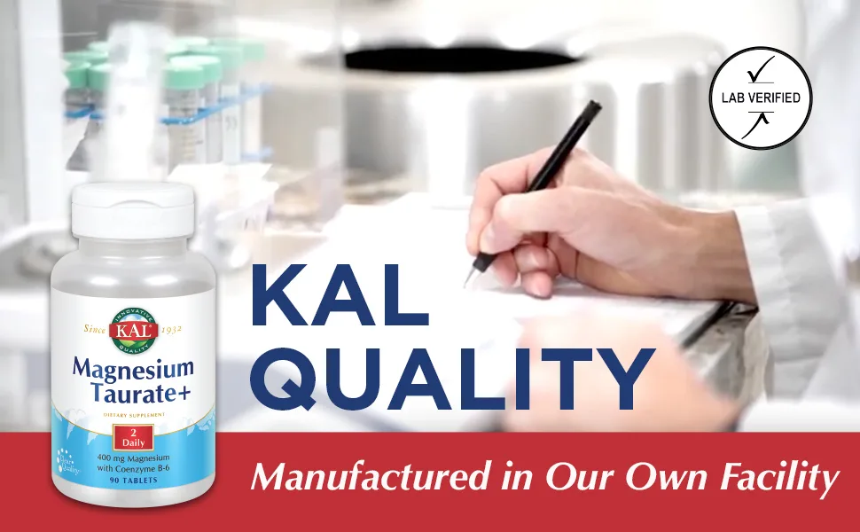 KAL Magnesium Taurate 400 mg 90 Tablets - KAL Magnesium Taurate Plus 400mg Coenzyme B6 Vegan Nerve Muscle Function Heart Health 90 Tabs