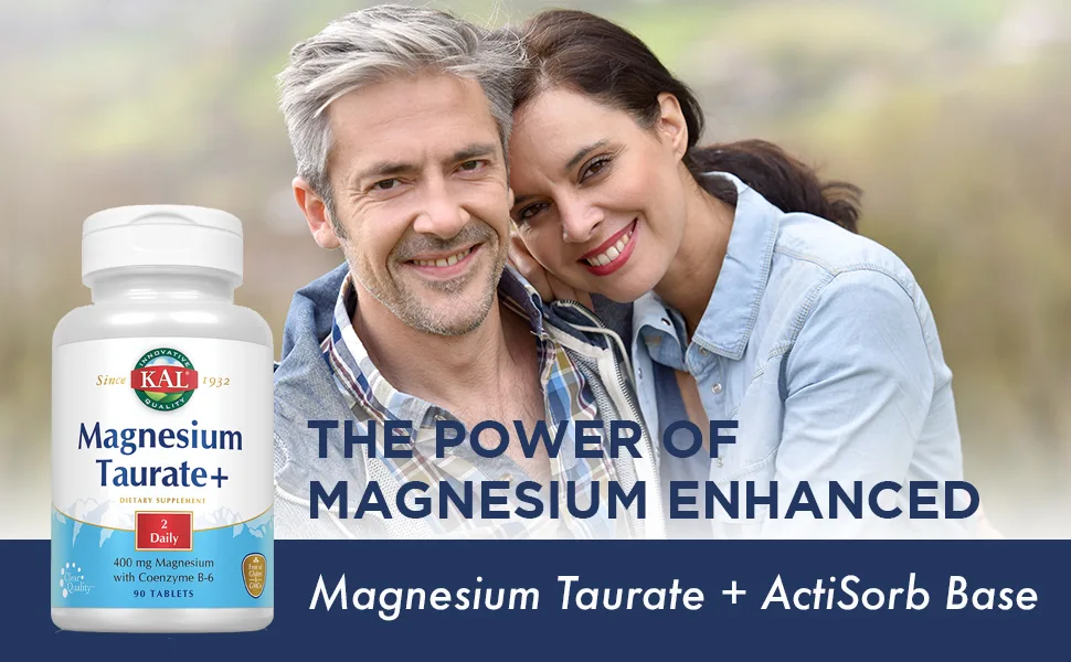 KAL Magnesium Taurate 400 mg 90 Tablets - KAL Magnesium Taurate Plus 400mg with Coenzyme B6 Chelated Nerve Muscle Heart Health Support