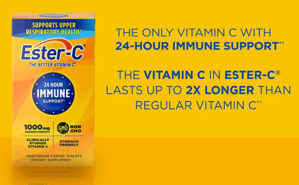 Ester-C Vitamin C 1000 mg Coated Tablets, 120 Count, Immune System Booster, Stomach-Friendly Supplement, Gluten-Free - unspecified