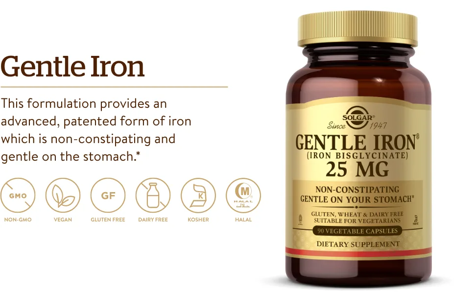 Solgar Gentle Iron 25 mg 90 Veggie Caps - Ideal for Sensitive Stomachs - Non-Constipating - Red Blood Cell Supplement