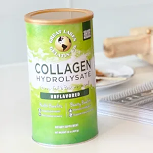 Great Lakes Gelatin Co. Collagen Hydrolysate Unflavored 16 oz (454 g) - Great Lakes Collagen Hydrolysate Powder on a kitchen counter