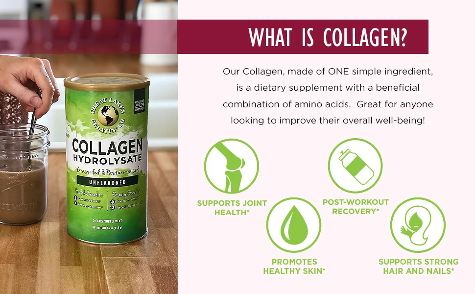 Great Lakes Gelatin Co. Collagen Hydrolysate Unflavored 16 oz (454 g) - Supports joint health, post-workout recovery, strong hair and nails, and promotes healthy skin
