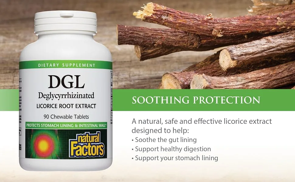 Natural Factors DGL Deglycyrrhizinated Licorice Root Extract 90 Chewable Tablets - A natural, safe and effective licorice extract designed to help:  Soothe the gut lining