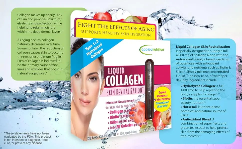 appliednutrition Liquid Collagen Skin Revitalization Tropical Strawberry & Kiwi Flavored 10 Liquid-Tubes 10 ml Each - liquid collagen skin revitalization applied nutrition