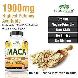 NaturaLife Labs Organic Maca Root - 150 Capsules  - 1900 mg maca high potency