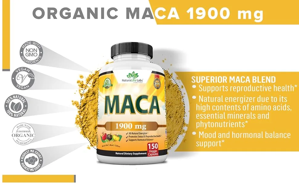 NaturaLife Labs Organic Maca Root - 150 Capsules  - organic maca capsules