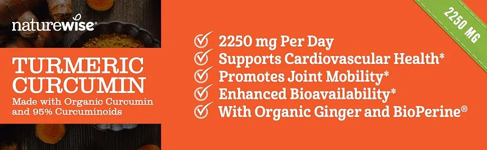 NatureWise Curcumin Turmeric 2250mg - 95% Curcuminoids & BioPerine Black Pepper Extract for Advanced Absorption - Daily Joint and Immune Health Support - Vegan, Non-GMO, 180 Count[60-Day Supply] - Turmeric Curcumin