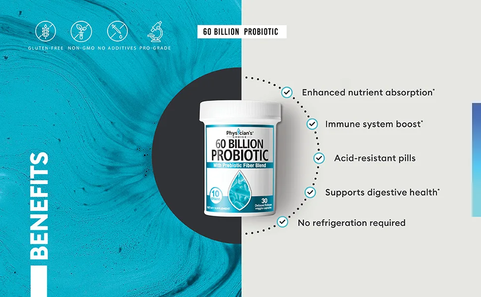Physician's Choice Probiotics 60 Billion with Prebiotic Fiber Blend - 30 Capsules - 60 billion probiotic prebiotic benefits digestive health