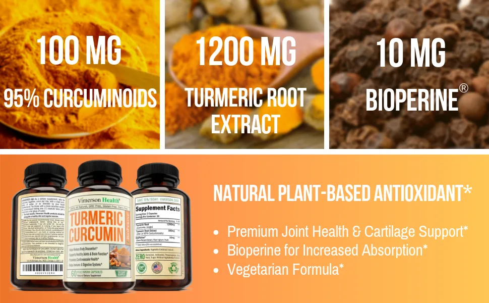 Vimerson Health Turmeric Curcumin - 60 Capsules - Turmeric Curcumin Curcuminoids Root Powder Bioperine Black Pepper Vimerson Health