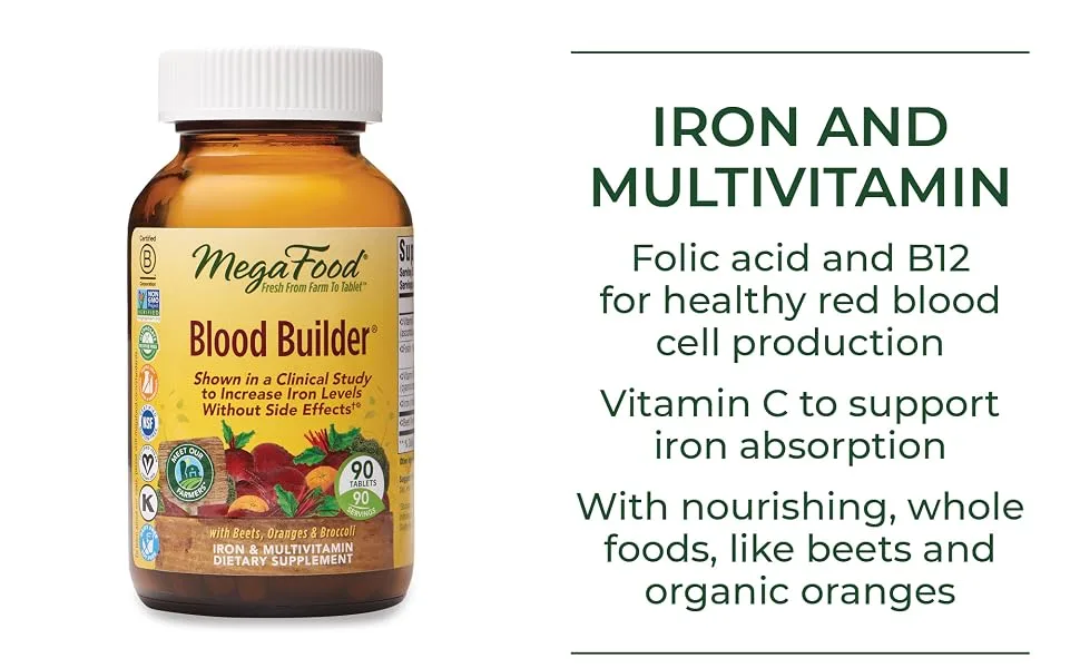 MegaFood Blood Builder 90 Tablets - Folic acid and B12 for healthy red blood cell production