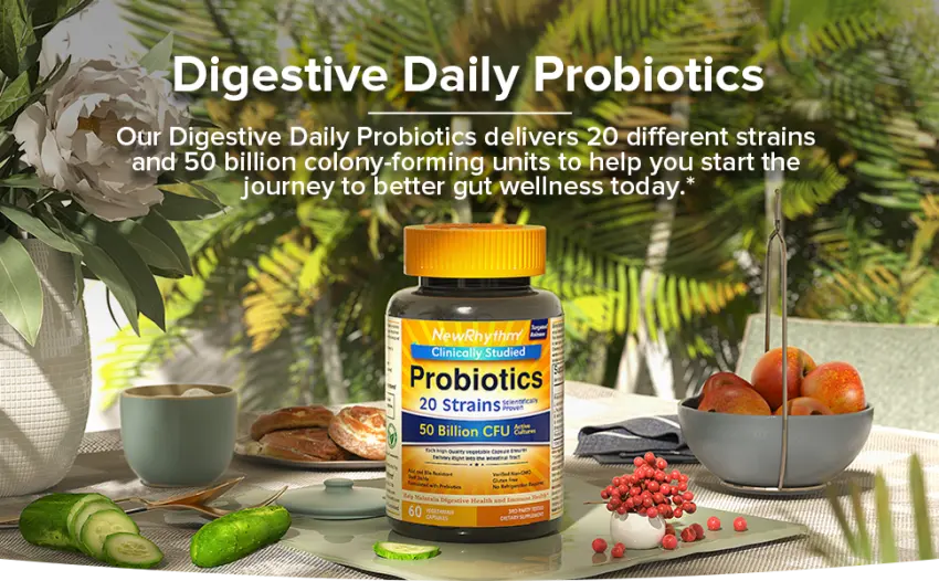 NewRhythm Probiotics 50 Billion CFU - 60 Capsule - NewRhythm Probiotic delivers 20 different strains, 50 billion CFUs probiotics