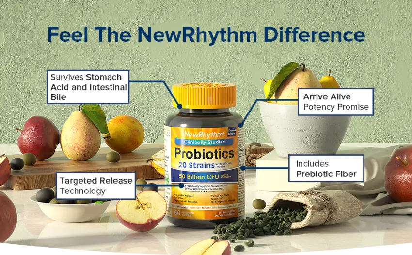 NewRhythm Probiotics 50 Billion CFU - 60 Capsule - NewRhythm Probiotics is professionally formulated, handled, tested to ensure stability and potency.