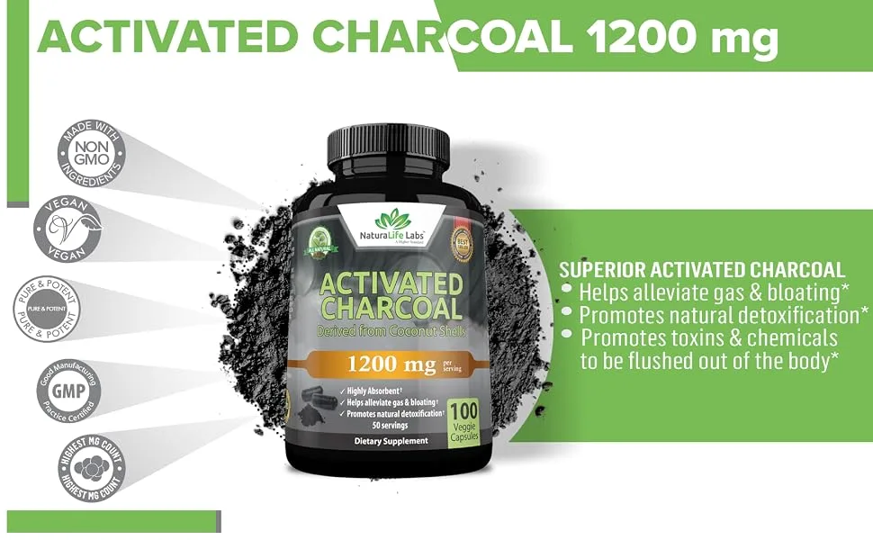 NaturaLife Labs Organic Activated Charcoal - 100 Capsules - activated charcoal