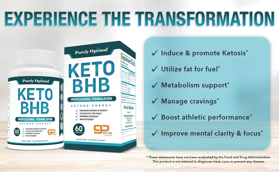 Purely Optimal Keto BHB Exogenous Ketones Supplement Burn Fat for Fuel - Keto Diet Pills for Ketosis, Energy, Focus, Metabolism - for Women and Men, Gluten-Free, 60 Capsules - benefits