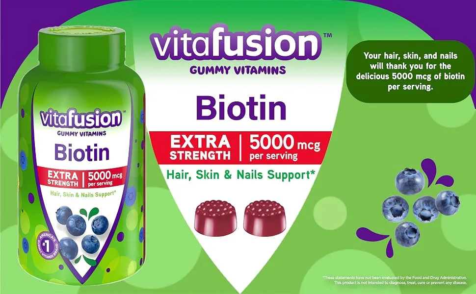 VitaFusion Extra Strength Biotin Natural Blueberry Flavor 5000 mcg 100 Gummies - vitafusion gummy vitamins biotin extra strength hair skin and nails support 5000 mg per serving