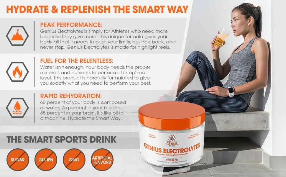 Genius Electrolyte Powder - Orange - 30 Servings - electrolytes powder,dr berg products,water flavor,electrolyte drink,electrolyte drops,replenisher