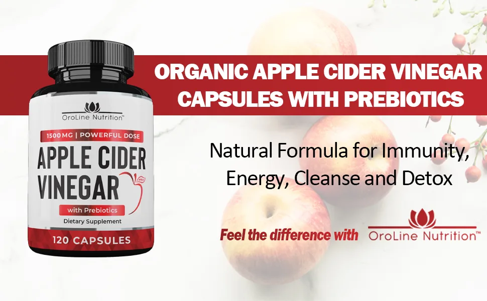 Organic Apple Cider Vinegar -120 Capsules  - organic apple cider vinegar capsules with prebiotics fiber supplement for immune support gut health