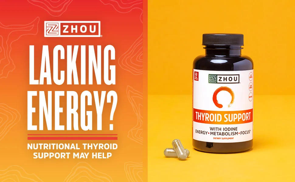 Zhou Nutrition Thyroid Support Complex with Iodine - 60 Capsules - increase energy with zhou thyroid support