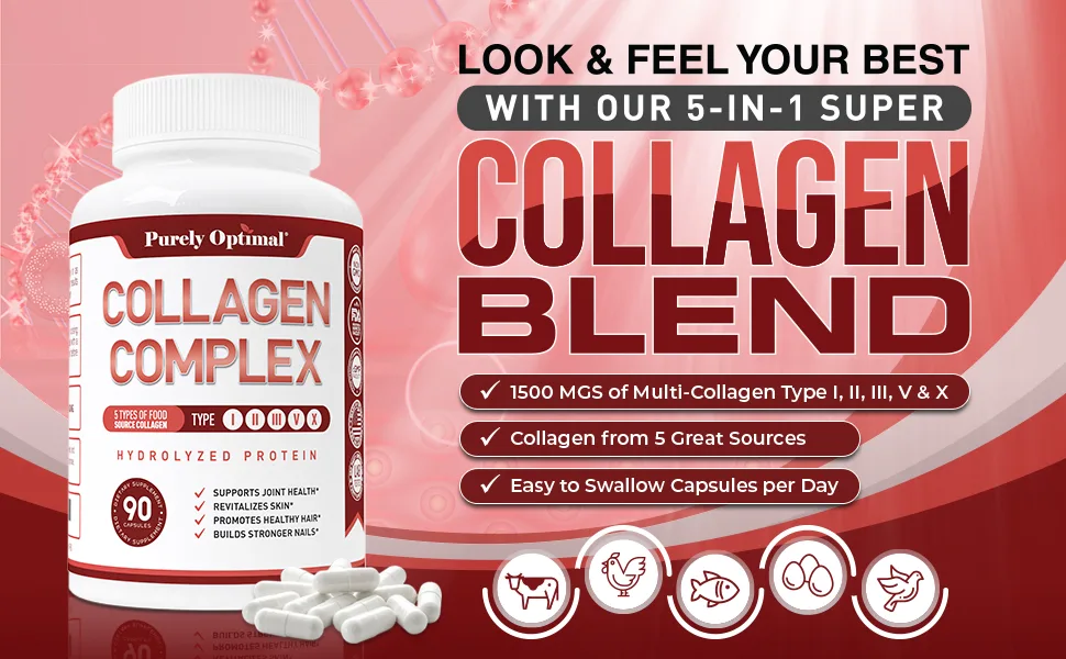 PURELY OPTIMAL Premium Multi Collagen Peptide - 90 Capsules - Purely Optimal Brand Collagen Complex - Rejuvenate Your Life