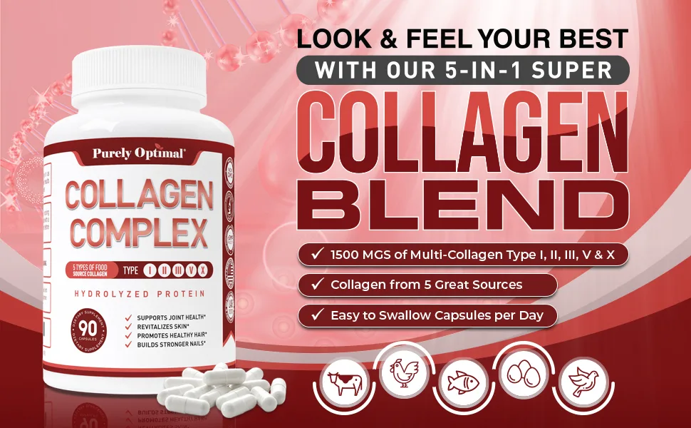 PURELY OPTIMAL Premium Multi Collagen Peptide - 90 Capsules - Purely Optimal Brand Collagen Complex - Rejuvenate Your Life