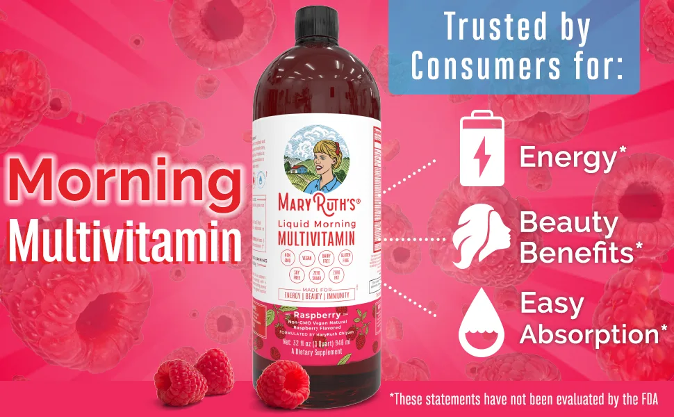 MaryRuth's Morning Liquid Vitamins - Raspberry - 32oz - liquid vitamins liquid multivitamin multivitamins hair vitamins skin nail vitamins b12 organic vegan