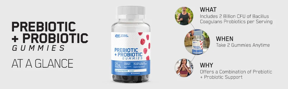 Optimum Nutrition Prebiotic + Probiotic Gummies - Blue Raspberry - 60 Count  - ON Gummies Prebiotic and Probiotic