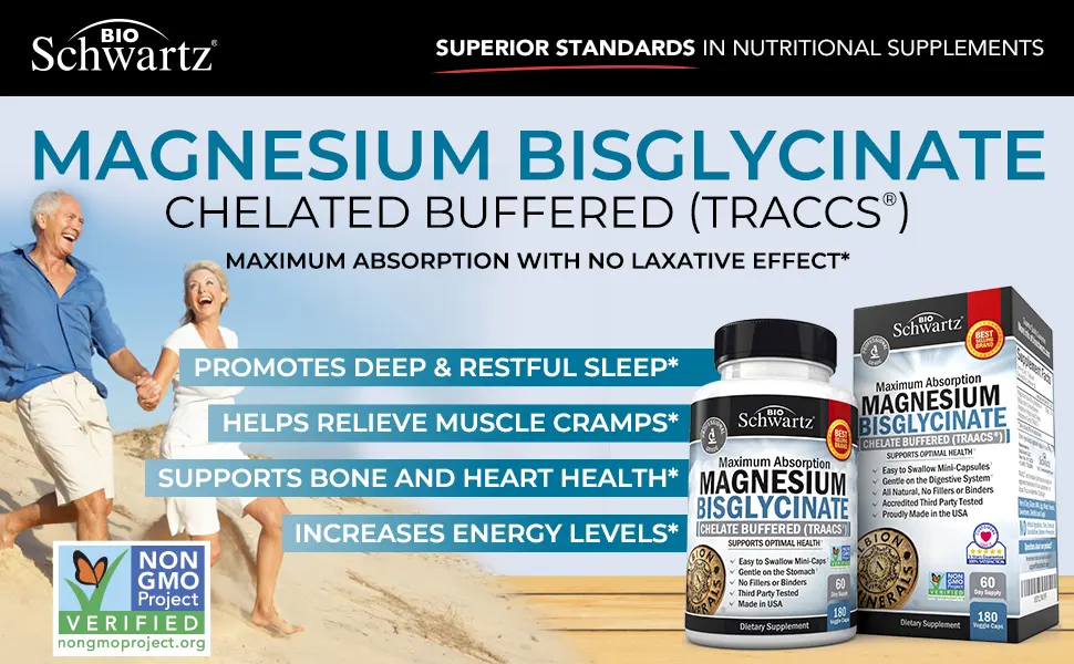 Magnesium Bisglycinate 100% Chelate No-Laxative Effect - Maximum Absorption & Bioavailability, Fully Reacted & Buffered - Healthy Energy Muscle Bone & Joint Support - Non-GMO Project Verified -180ct - Magnesium Bisglycinate
