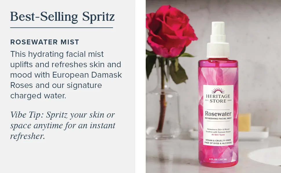 Heritage Store Rosewater Atomizer Mist Sprayer Rose Petals 8 fl oz (240 ml) - Heritage Store Rosewater Refreshing Facial Mist for Glowing Skin No Dyes Alcohol Vegan Cruelty Free